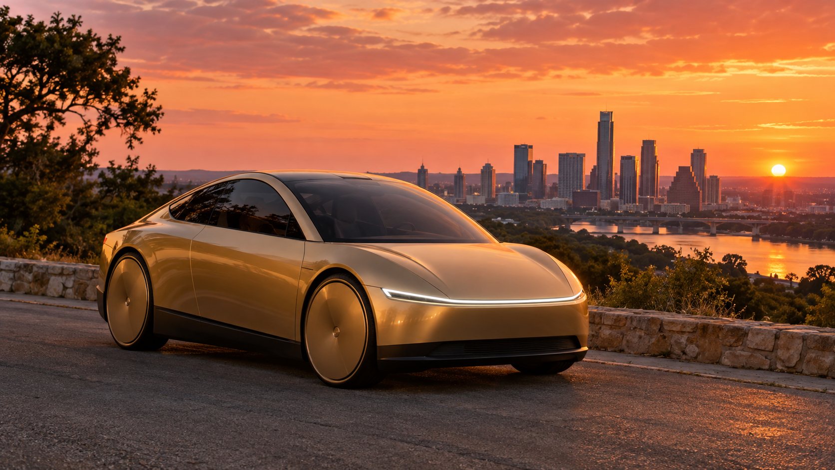 Car parked at sunset above a city skyline
