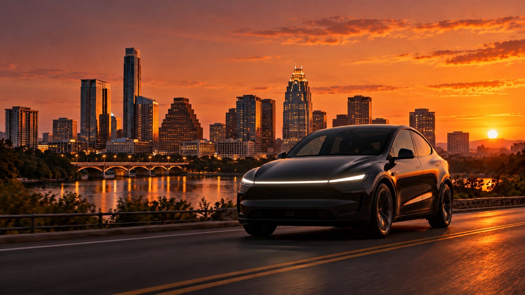Car driving past a city skyline at dusk